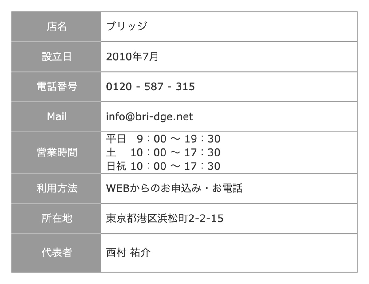 ブリッジ公式運営者情報ページの会社概要表