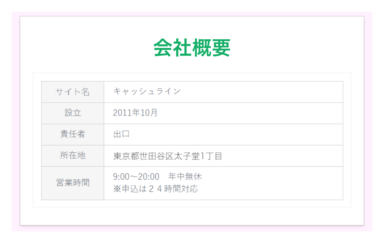 キャッシュライン公式サイトの会社概要ページ