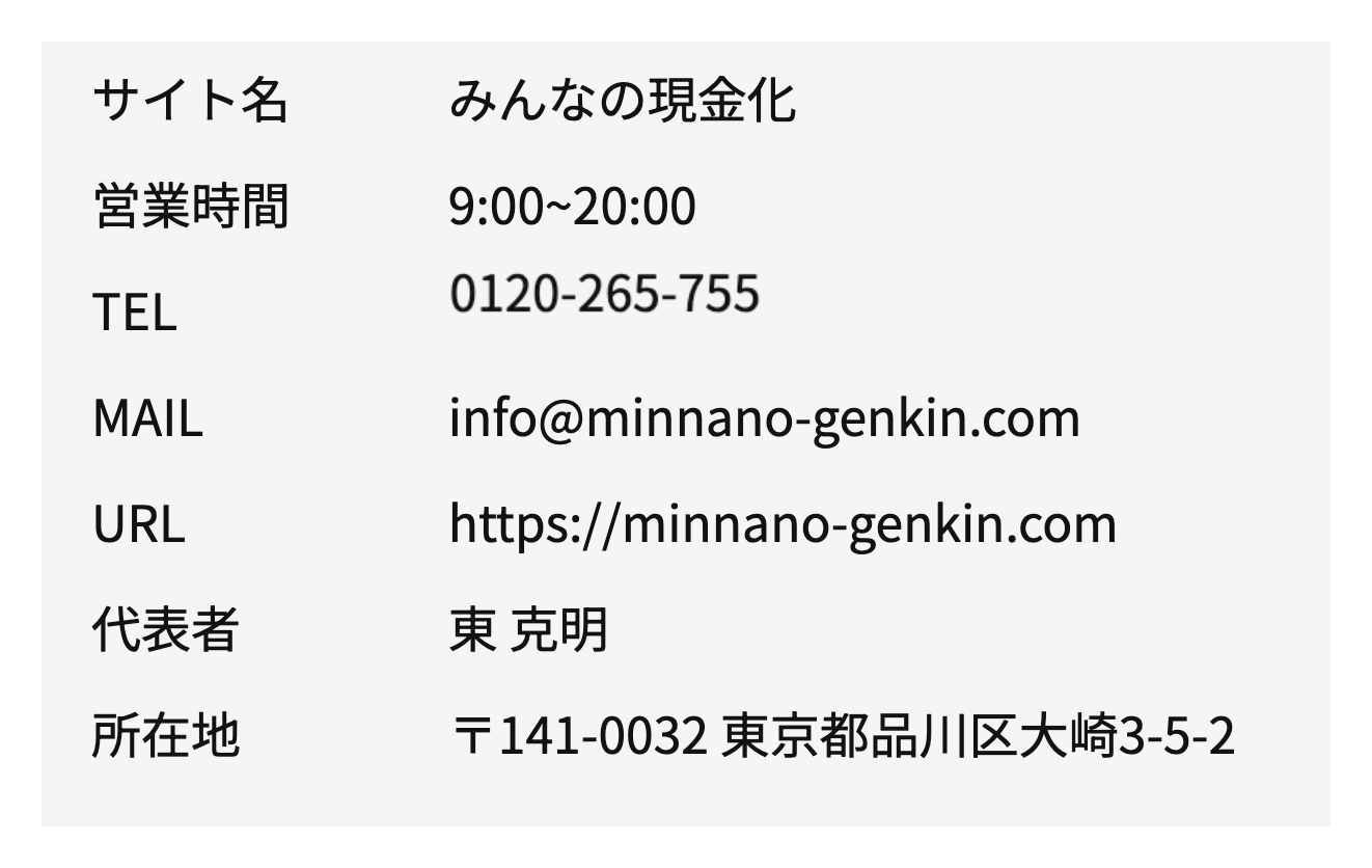 みんなの現金化公式サイトの運営情報表示