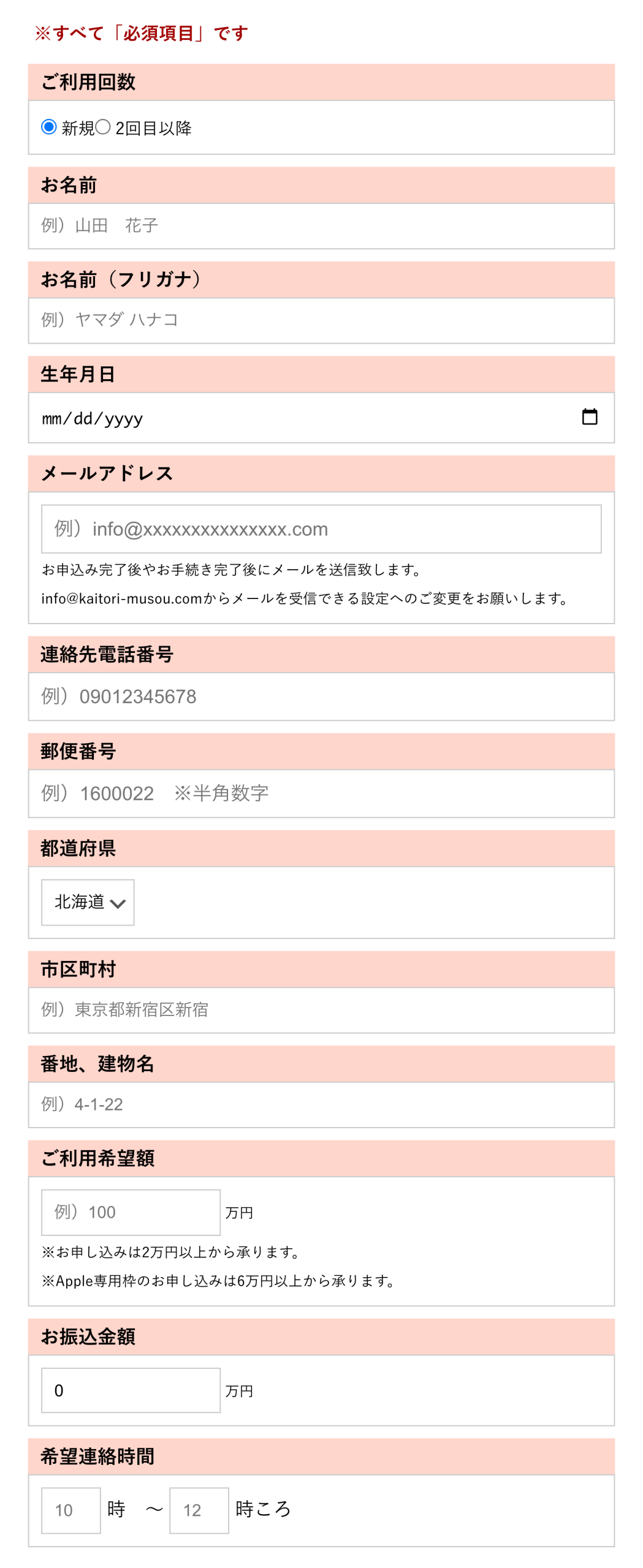 申込フォームのご利用者情報と金額の入力欄